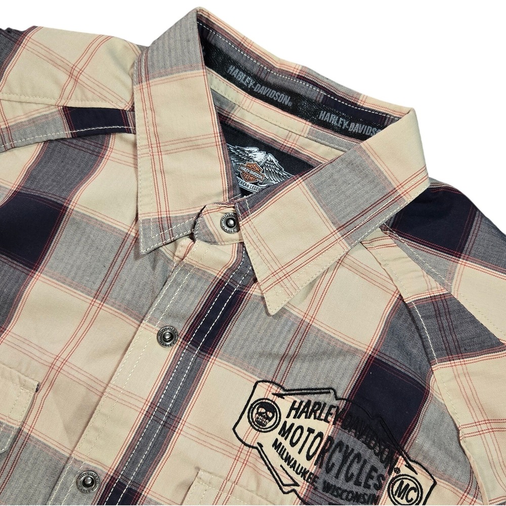 Harley-Davidson Mens Plaid Short Sleeve Snap Button Shirt Large Motorcycle